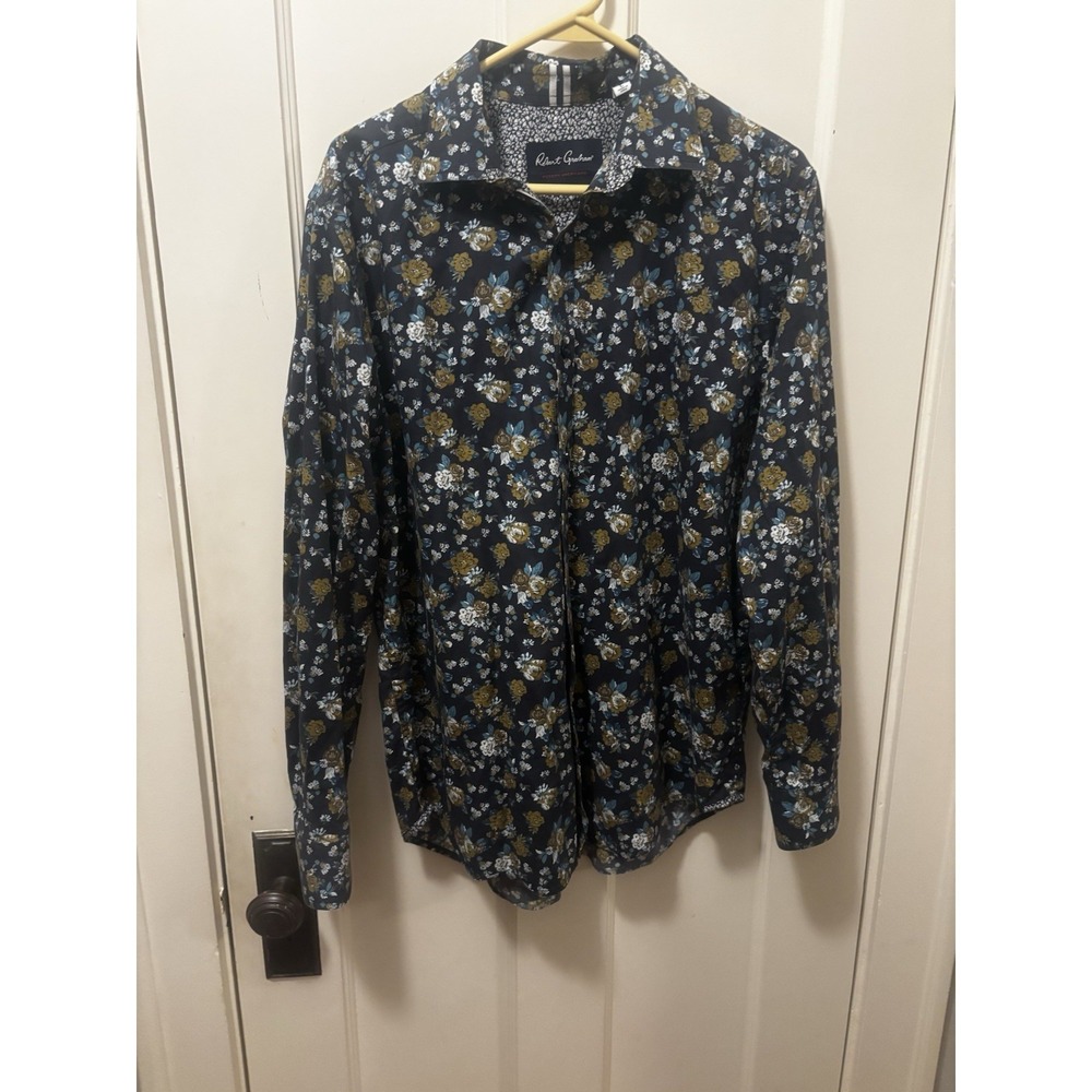 Robert Graham Shirt Mens Large Blue Floral Short Sleeve Contrast